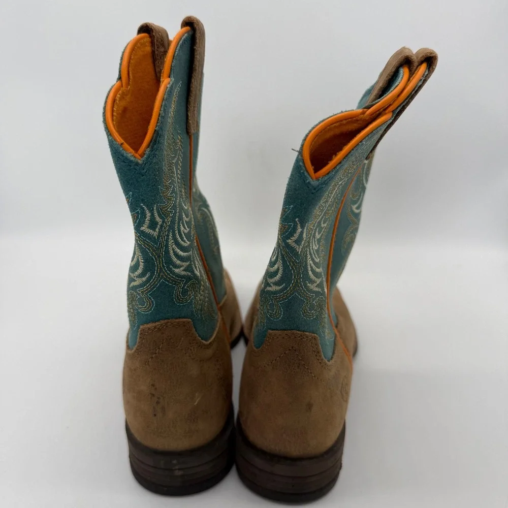 Ariat Western Boots Kids Size 1 Brown Teal 10053621 Square Toe Leather Cowboy